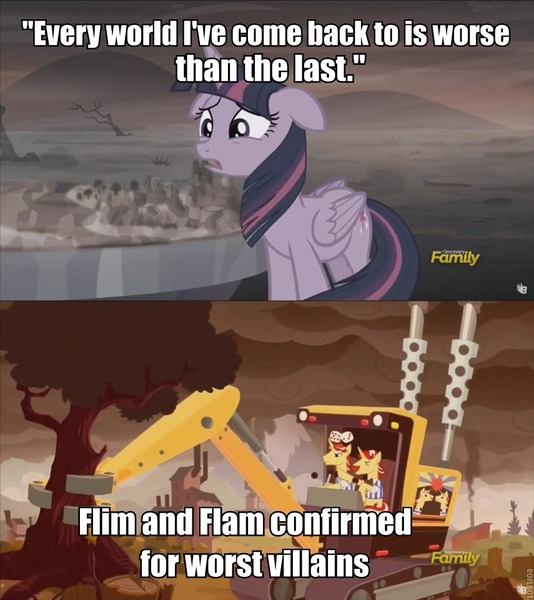 Size: 855x960 | Tagged: safe, derpibooru import, edit, edited screencap, screencap, flam, flim, twilight sparkle, twilight sparkle (alicorn), alicorn, pony, unicorn, the cutie re-mark, alternate timeline, ashlands timeline, backhoe, barren, brothers, cutie map, discovery family logo, dystopia, ecocide, female, flim flam brothers, flim flam industry timeline, floppy ears, fuzzy dice, harvester, image macro, implied genocide, male, mare, meme, post-apocalyptic, stallion