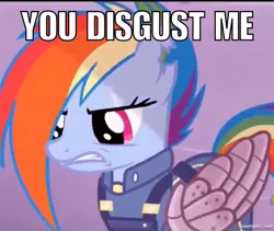 Size: 752x634 | Tagged: amputee, apocalypse dash, armor, artificial wings, augmented, crystal war timeline, derpibooru import, image macro, injured, mechanical wing, meme, prosthetic limb, prosthetics, prosthetic wing, rainbow dash, reaction image, safe, scar, screencap, solo, the cutie re-mark, war, wings
