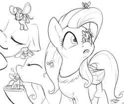 Size: 1361x1151 | Tagged: apple bloom, artist:tsitra360, cindershy, cutie mark crusaders, derpibooru import, eyes closed, floppy ears, fluttershy, frown, heart, horseshoes, kissing, leaning, macro, macro/micro, micro, monochrome, mouse, mousified, nuzzling, open mouth, pinkie tales, raised hoof, safe, scootaloo, smiling, species swap, stuck, sweetie belle, unamused, underhoof, wink