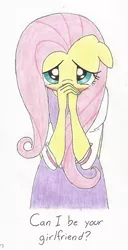 Size: 370x720 | Tagged: anthro, artist:nickmaldorrichthofen, bronybait, clothes, derpibooru import, fluttershy, girlfriend, safe, school uniform, shy, solo, traditional art