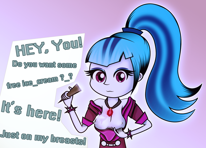 Size: 1440x1038 | Tagged: questionable, artist:ivacatherianoid, derpibooru import, sonata dusk, equestria girls, breasts, dialogue, female, food, foodplay, ice cream, nipples, nudity, ponytail, solo, solo female