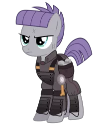 Size: 2600x3000 | Tagged: safe, artist:cheezedoodle96, derpibooru import, maud pie, earth pony, pony, the cutie re-mark, .svg available, alternate hairstyle, alternate timeline, ammunition, angry, apocalypse maud, armor, crystal war timeline, female, injured, mare, rock, saddle bag, simple background, solo, svg, transparent background, vector