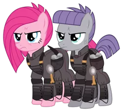 Size: 3300x3000 | Tagged: safe, artist:cheezedoodle96, derpibooru import, maud pie, pinkie pie, pony, the cutie re-mark, .svg available, alternate hairstyle, alternate timeline, ammunition, angry, apinkalypse pie, apocalypse maud, armor, clothes, crystal war timeline, dirty, female, frown, glare, injured, mare, pinkamena diane pie, rock, saddle bag, simple background, sisters, svg, transparent background, uniform, vector