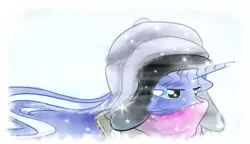 Size: 4698x2700 | Tagged: artist:flamevulture17, bust, clothes, coat, derpibooru import, hat, princess luna, safe, scarf, snow, snowfall, solo, winter