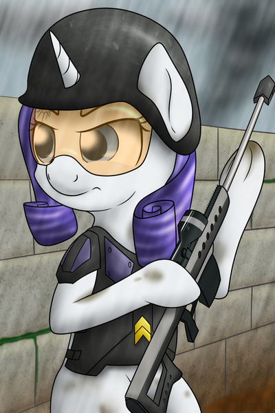 Size: 1024x1536 | Tagged: safe, artist:10art1, derpibooru import, rarity, pony, unicorn, the cutie re-mark, alternate timeline, army, barrett, body armor, crystal war timeline, female, gun, hooves, horn, mare, military, optical sight, rain, rifle, sad, sniper, sniper rifle, solo, war, weapon