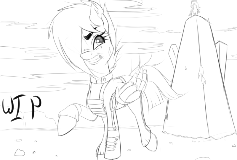 Size: 1600x1083 | Tagged: apocalypse dash, artist:thethunderpony, blind, cloud, derpibooru import, gritted teeth, hair over one eye, injured, king sombra, monochrome, rainbow dash, running, safe, scar, solo, the cutie re-mark, wip