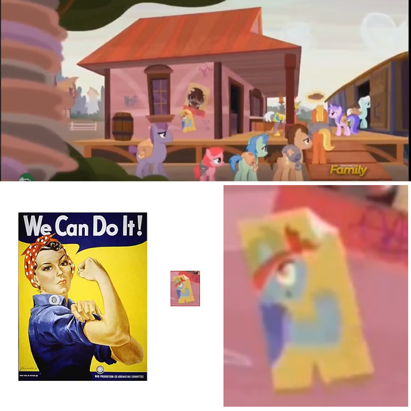 Size: 1118x1118 | Tagged: safe, derpibooru import, edit, screencap, doctor whooves, high note, sea swirl, seafoam, time turner, pony, the cutie re-mark, discovery family logo, killroy was here, male, propaganda, propaganda parody, propaganda poster, rosie the riveter, stallion, we can do it!