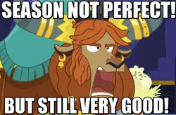 Size: 728x475 | Tagged: derpibooru import, ear piercing, earring, edit, edited screencap, horn, horn ring, image macro, in a nutshell, jewelry, meme, meta, party pooped, piercing, prince rutherford, safe, screencap, season 5, solo, yak