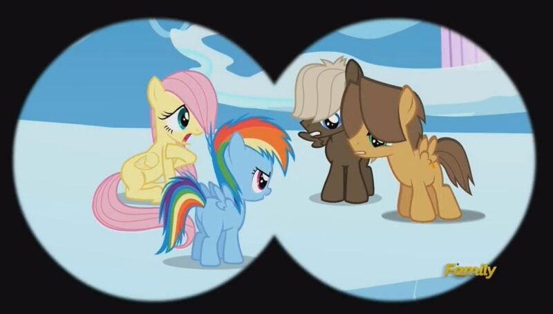 Size: 1260x715 | Tagged: safe, derpibooru import, screencap, dumbbell, fluttershy, hoops, rainbow dash, the cutie re-mark, binoculars, discovery family logo, filly