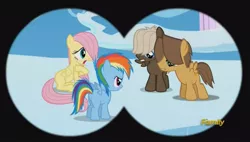 Size: 1260x715 | Tagged: safe, derpibooru import, screencap, dumbbell, fluttershy, hoops, rainbow dash, the cutie re-mark, binoculars, discovery family logo, filly