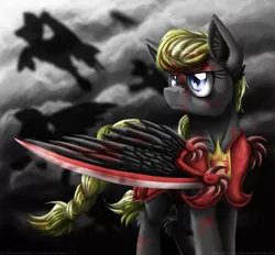 Size: 900x835 | Tagged: safe, artist:inuhoshi-to-darkpen, derpibooru import, oc, oc:shadow kicker, unofficial characters only, pegasus, pony, fanfic, fanfic:the lunar rebellion, winningverse, armor, blood, fanfic art, wingblade