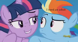 Size: 546x299 | Tagged: safe, derpibooru import, screencap, rainbow dash, twilight sparkle, twilight sparkle (alicorn), alicorn, pony, the cutie re-mark, awkward, awkward moment, discovery family logo, female, i need an adult, mare, stranger danger, twilest dashle, twilight is a foal fiddler