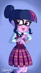 Size: 720x1280 | Tagged: safe, artist:wubcakeva, derpibooru import, sci-twi, twilight sparkle, equestria girls, adorkable, blushing, clothes, crystal prep academy uniform, cute, dork, school uniform, solo, twiabetes