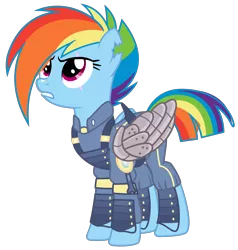 Size: 2850x3000 | Tagged: safe, artist:cheezedoodle96, derpibooru import, rainbow dash, pegasus, pony, the cutie re-mark, .svg available, alternate hairstyle, alternate timeline, ammunition, angry, apocalypse dash, armor, augmented, clothes, crystal war timeline, female, injured, mare, military, military uniform, prosthetic limb, prosthetic wing, prosthetics, scar, simple background, solo, svg, torn ear, transparent background, uniform, vector