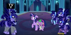 Size: 842x421 | Tagged: safe, derpibooru import, screencap, rainbow dash, spike, twilight sparkle, twilight sparkle (alicorn), alicorn, bat pony, pony, the cutie re-mark, alternate timeline, armor, discovery family logo, female, mare, night guard, night guard dash, nightmare takeover timeline