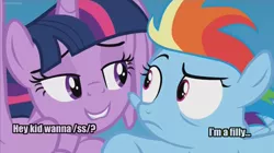 Size: 853x477 | Tagged: suggestive, derpibooru import, edit, screencap, rainbow dash, twilight sparkle, twilight sparkle (alicorn), alicorn, pegasus, pony, the cutie re-mark, /ll/, /ss/, bedroom eyes, caption, discovery family logo, exploitable meme, female, filly, hey kid you wanna ss?, implied foalcon, lesbian, lip bite, mare, meme, mistaken identity, out of context, shipping, stranger danger, text, this will end in timeline distortion, twidash, twilest dashle, twilight is a foal fiddler, younger