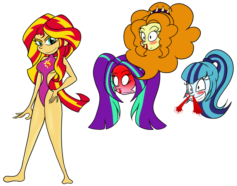 Size: 4206x3309 | Tagged: suggestive, artist:shadowring123, derpibooru import, adagio dazzle, aria blaze, sonata dusk, sunset shimmer, equestria girls, blood, blushing, breasts, busty sunset shimmer, clothes, commission, dazzling sun, female, image, ladyboner, lesbian, nosebleed, png, shipping, sunata, sunblaze, sunsagio, sunset shimmer gets all the dazzlings, sunset shimmer gets all the mares, swimsuit, the dazzlings