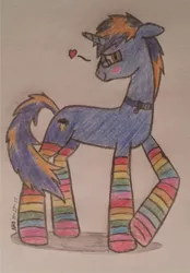 Size: 560x806 | Tagged: safe, artist:fenixthefox93, derpibooru import, oc, oc:cobalt blaze, unofficial characters only, pony, unicorn, blushing, clothes, collar, colored pencil drawing, colored sketch, cutie mark, glasses, heart, looking at you, rainbow socks, smiling, socks, solo, stockings, striped socks, traditional art