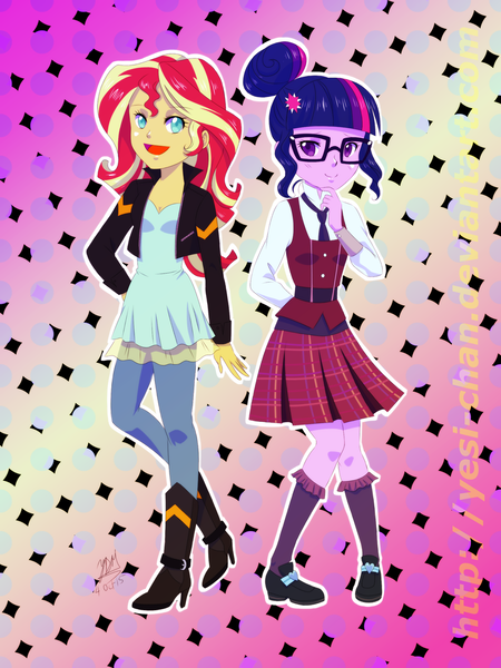 Size: 800x1067 | Tagged: safe, artist:yesi-chan, derpibooru import, sci-twi, sunset shimmer, twilight sparkle, equestria girls, friendship games