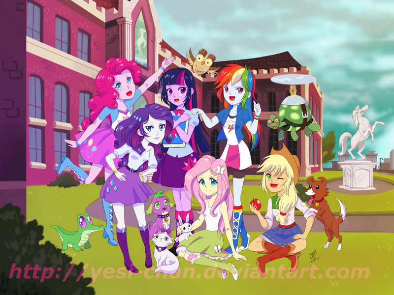 Size: 1280x960 | Tagged: safe, artist:yesi-chan, derpibooru import, angel bunny, applejack, fluttershy, gummy, opalescence, owlowiscious, pinkie pie, rainbow dash, rarity, spike, tank, twilight sparkle, twilight sparkle (alicorn), winona, dog, equestria girls, book, boots, canterlot high, clothes, high heel boots, mane six, pet, skirt, spike the dog