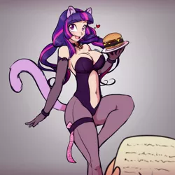 Size: 2400x2400 | Tagged: suggestive, artist:scorpdk, derpibooru import, twilight sparkle, human, adorasexy, alternate hairstyle, animal ears, bell collar, belly button, big breasts, blue hair, blushing, breasts, burger, busty twilight sparkle, cat ears, catgirl, cat tail, cleavage, clothes, collar, condom, cute, evening gloves, eyelashes, female, food, gloves, hamburger, heart, heart eyes, humanized, leotard, light skin, long hair, looking at you, multicolored hair, open mouth, pantyhose, pink hair, plate, purple hair, sexy, smiling, solo, solo female, tail, twilight burgkle, twilight cat, veggie burger, wingding eyes