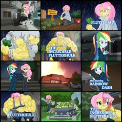 Size: 4000x4000 | Tagged: suggestive, artist:atariboy2600, derpibooru import, fluttershy, rainbow dash, equestria girls, 1970s, bill bixby, bruce banner, clothes, david banner, flutterhulk, growth, jack mcgee, lou ferrigno, muscle expansion, muscle growth, muscles, muscleshy, overdeveloped muscles, parody, the incredible hulk, torn clothes, transformation, tv show, wardrobe malfunction