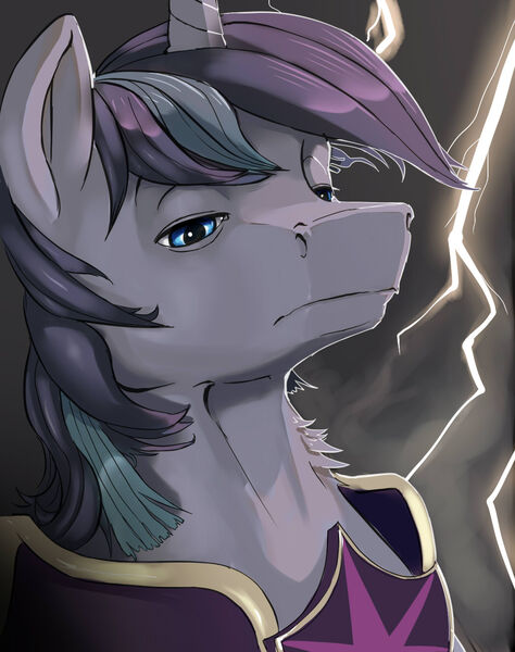 Size: 1043x1319 | Tagged: artist:gsphere, bags under eyes, bust, derpibooru import, frown, :i, lidded eyes, lightning, looking down, ominous, portrait, safe, shining armor, solo