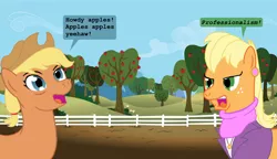 Size: 1422x820 | Tagged: accessory swap, apple, applejack, artist:hakar-kerarmor, derpibooru import, meme, ms. harshwhinny, professionalism, safe, that pony sure does love apples