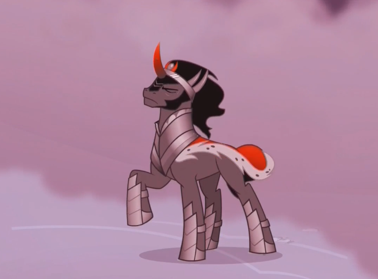 Size: 768x568 | Tagged: alternate timeline, crystal war timeline, derpibooru import, eyes closed, king sombra, majestic, raised hoof, safe, screencap, solo, sombra's cape, stupid sexy sombra, the cutie re-mark