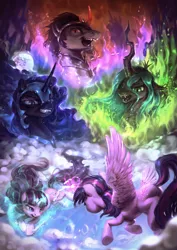 Size: 1020x1440 | Tagged: safe, artist:assasinmonkey, derpibooru import, king sombra, nightmare moon, queen chrysalis, starlight glimmer, twilight sparkle, twilight sparkle (alicorn), alicorn, pony, the cutie re-mark, cloud, epic, female, fight, glowing horn, levitation, magic, mare, mare in the moon, moon, self-levitation, telekinesis