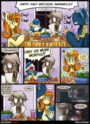 Size: 3000x4091 | Tagged: artist:dracojayproduct, bread, clapping, comic, comic:lunar isolation, derpibooru import, dinner, family, food, oc, oc:annabelle, oc:caroline, oc:eschar, oc:pierson, oc:syril, safe, salad, unofficial characters only