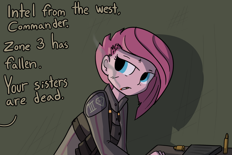 Size: 1280x854 | Tagged: semi-grimdark, artist:tjpones, derpibooru import, pinkie pie, equestria girls, the cutie re-mark, alternate timeline, apinkalypse pie, bullet, cigarette, clothes, crystal war timeline, drugs, military uniform, pinkamena diane pie, smoking, solo, uniform