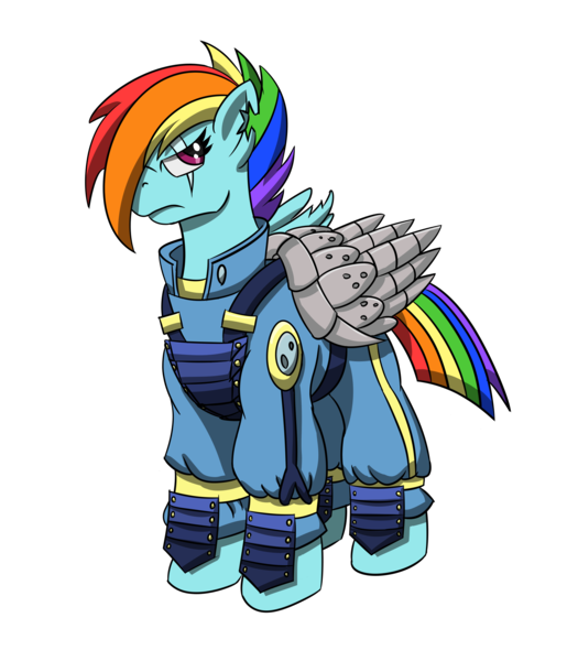 Size: 2100x2400 | Tagged: alternate timeline, amputee, apocalypse dash, artificial wings, artist:geminishadows, augmented, clothes, crystal war timeline, derpibooru import, mechanical wing, prosthetic limb, prosthetics, prosthetic wing, rainbow dash, safe, scar, simple background, solo, the cutie re-mark, torn ear, transparent background, uniform, wings