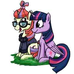 Size: 3000x3000 | Tagged: safe, artist:mythilas, derpibooru import, moondancer, twilight sparkle, twilight sparkle (alicorn), alicorn, pony, female, mare, simple background, sitting, transparent background