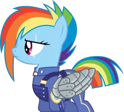 Size: 4000x3613 | Tagged: absurd resolution, alternate timeline, alternate universe, amputee, apocalypse dash, armor, artificial wings, augmented, badass, clothes, crystal war timeline, derpibooru import, edit, epic, frown, glare, mechanical wing, prosthetic limb, prosthetics, prosthetic wing, rainbow dash, safe, scar, simple background, solo, the cutie re-mark, transparent background, uniform, vector, wing armor, wings