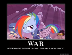 Size: 750x574 | Tagged: alternate timeline, amputee, apocalypse dash, artificial wings, augmented, clothes, crystal war timeline, demotivational poster, derpibooru import, mechanical wing, meme, motivational poster, prosthetic limb, prosthetics, prosthetic wing, rainbow dash, safe, scar, screencap, the cutie re-mark, torn ear, uniform, wings