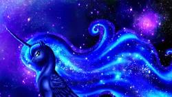 Size: 2210x1258 | Tagged: safe, artist:silverwolf866, derpibooru import, princess luna, alicorn, pony, beautiful, curved horn, dat mane, eyeshadow, lidded eyes, long horn, looking at you, looking back, makeup, missing accessory, nebula, sitting, smiling, solo, space, starry mane, stars, wing fluff