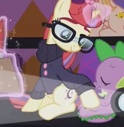Size: 636x652 | Tagged: safe, derpibooru import, screencap, honey lemon, moondancer, spike, dragon, pony, unicorn, the cutie re-mark, cute, dancerbetes, eyes closed, fangs, female, glowing horn, lecture, magic, male, mare, open mouth, projector, sitting, sleeping, smiling, snoring, spikabetes, spikelove, telekinesis