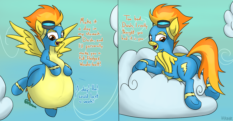 Size: 2158x1123 | Tagged: artist:variant, belly, big belly, chubby, cloud, death, derpibooru import, dialogue, digestion, dock, fat, fat fetish, fetish, implied rainbow dash, preydash, questionable, rainbow dash, semi-grimdark, spitfire, spitpred, stomach noise, vore, weight gain, willing vore, wonderbolts uniform