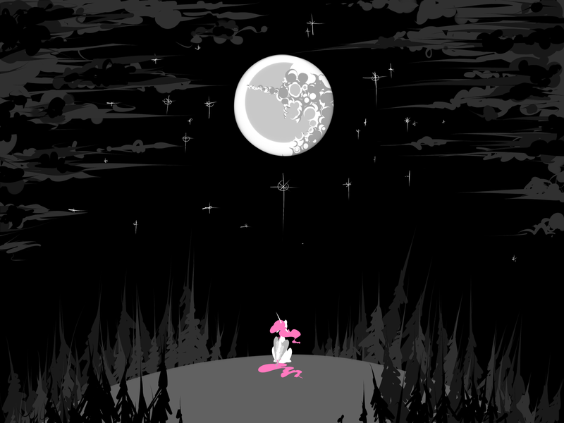 Size: 1600x1200 | Tagged: dead source, safe, artist:spromultis, derpibooru import, princess celestia, alicorn, female, mare, mare in the moon, minimalist, monochrome, moon, neo noir, night, partial color, pink-mane celestia, sitting, solo, younger