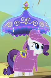 Size: 335x506 | Tagged: clothes, derpibooru import, outfit catalog, raincoat, rarity, saddle umbrella, safe, screencap, solo, the return of harmony, umbrella