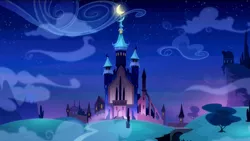 Size: 1920x1080 | Tagged: alternate timeline, building, castle, castle of the royal pony sisters, crescent moon, derpibooru import, moon, night, nightmare takeover timeline, no pony, observatory, safe, scenery, screencap, the cutie re-mark, tree