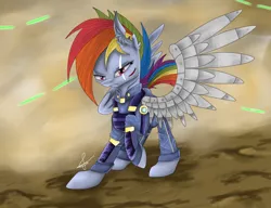 Size: 1300x1000 | Tagged: alternate timeline, amputee, apocalypse dash, artificial wings, artist:charlottelanoire, augmented, crystal war timeline, derpibooru import, mechanical wing, prosthetic limb, prosthetics, prosthetic wing, rainbow dash, safe, scar, solo, the cutie re-mark, wings
