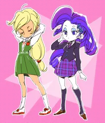 Size: 681x800 | Tagged: safe, artist:hacha, derpibooru import, applejack, rarity, equestria girls, clothes, pixiv, school uniform