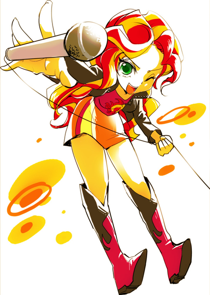 Size: 714x1000 | Tagged: safe, artist:hacha, derpibooru import, sunset shimmer, equestria girls, colored pupils, cute, female, microphone, one eye closed, open mouth, pixiv, shimmerbetes, simple background, solo, white background, wink