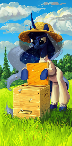 Size: 596x1200 | Tagged: safe, artist:lis-alis, derpibooru import, princess luna, alicorn, bee, pony, bee box, beehive, beekeeper, curved horn, female, hat, honeycomb (structure), looking at something, mare, solo, straw hat