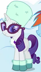 Size: 325x564 | Tagged: safe, derpibooru import, screencap, rainbow dash, rarity, pony, unicorn, tanks for the memories, boots, clothes, cropped, female, glasses, hat, mare, outfit catalog, solo focus