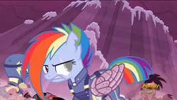 Size: 1280x720 | Tagged: safe, derpibooru import, edit, edited screencap, screencap, pegasus, pony, the cutie re-mark, alternate timeline, apocalypse dash, blind, clothes, crystal war timeline, discovery family logo, female, helmet, mare, mind control, scar, sombra soldier, torn ear, uniform