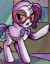 Size: 554x701 | Tagged: safe, derpibooru import, idw, rarity, spoiler:comic, clothes, costume, disguise, manehattan, outfit catalog, solo