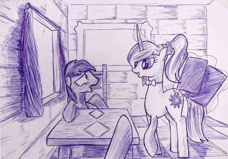 Size: 1075x750 | Tagged: safe, artist:inkygarden, derpibooru import, princess celestia, ballpoint pen, menu, monochrome, pointing, race swap, restaurant, sketch, surprised, traditional art